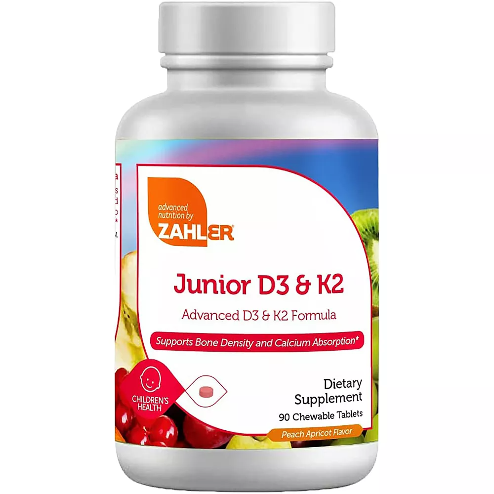 Zahlers Junior D3 And K2 Support Bones And Calcium Chewable Tablets, Peach Apricot, 90Ea